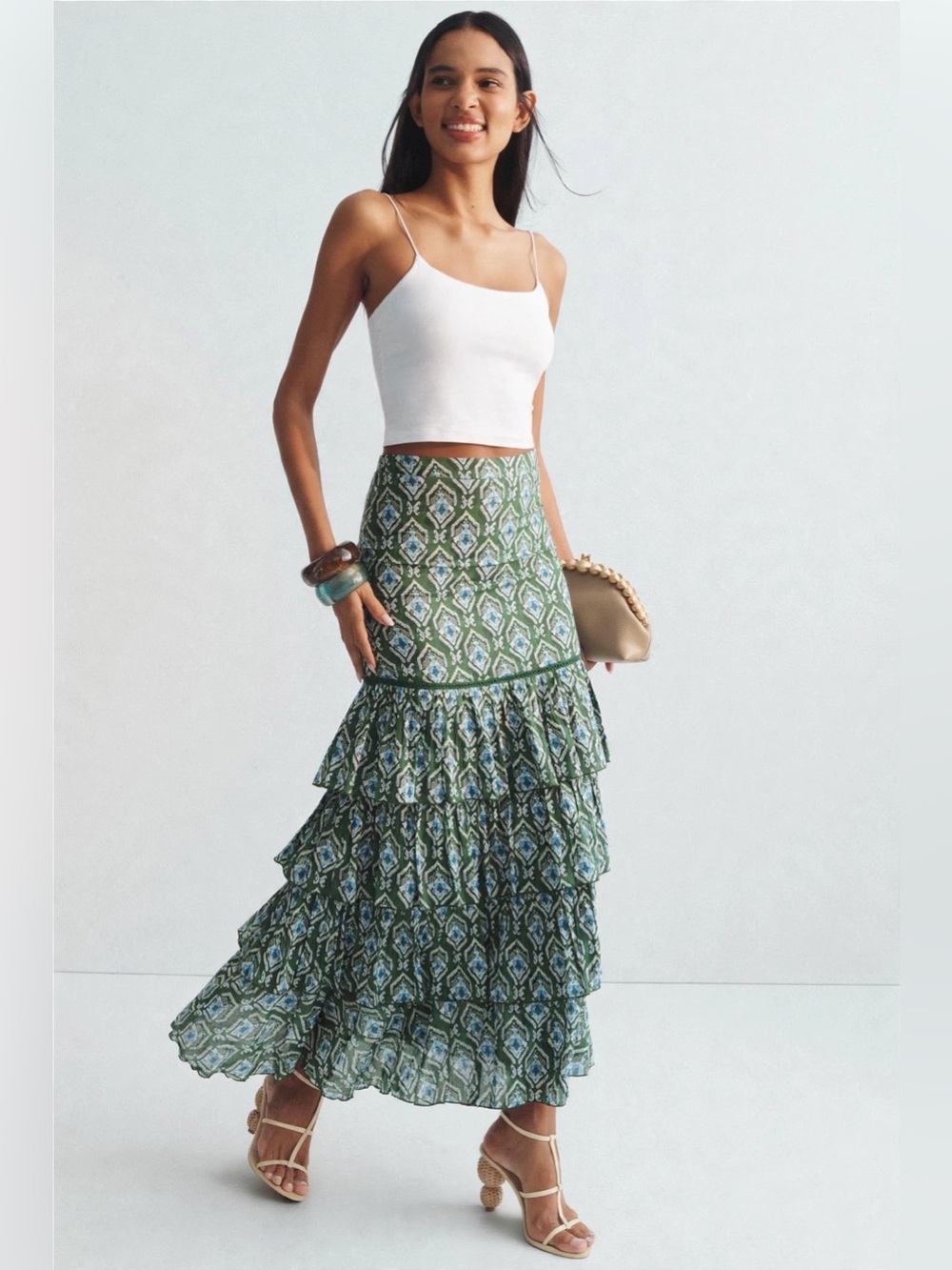 Ro's Garden Honduras Maxi Skirt Green Patterned Tiered size XL.